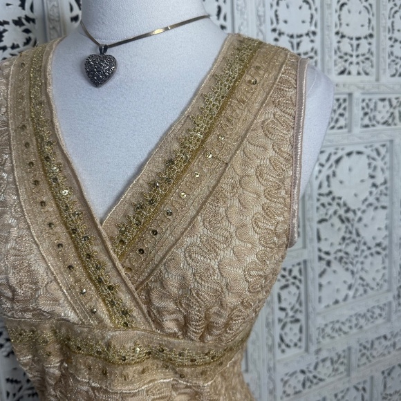 Y2K Tailor B Moss Gold Faux Wrap V Neck Lace Sequin Fairycore Tank Top Sz Large - Picture 5 of 8